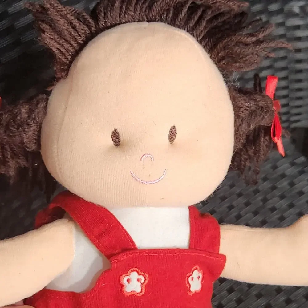​Vintage Lillian Vernon Rag Doll Brown Yarn Hair Red Dress Heart Pocket Soft Toy